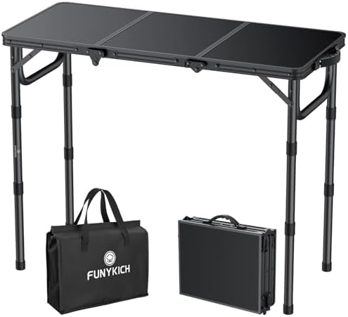FUNYKICH 3ft Camping Folding Table with 3 Adjustable Height, Portable Picnic Tables, 34.2'' Lx15.7'' W Lightweight Aluminum Outdoor Table with Carry Handle for Camping, Picnic, Backyard, BBQ, Black