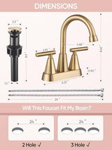 Cobbe Brushed Gold Bathroom Faucets, 4-Inch Bathroom Sink Faucet, 2 Handle Sink Faucet with Pop Up Drain and Water Supply Lines, Gold