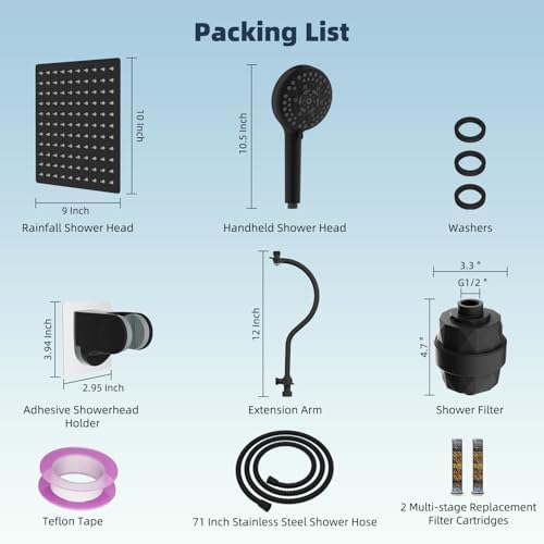 Hibbent All Metal 10'' Dual Filtered Rainfall Shower Head Combo, High Pressure Handheld Shower Head with 12'' Adjustable Curved Extension Arm, 20 Stage Shower Filter, 10-spray, 71'' Hose, Matte Black