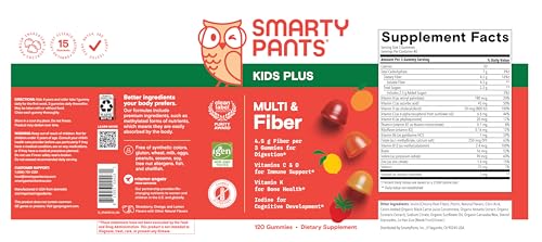 SmartyPants Kids Multivitamin & Fiber Gummies: Prebiotic Fiber to Support Kids Digestion with Vitamin D3, C, Vitamin B12, B6, A, Zinc, Biotin, Folate, Three Fruit Flavors, 120 Count (40 Day Supply)