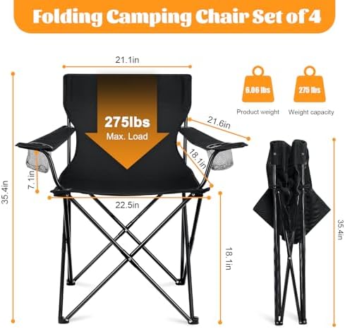 HaSteeL Camping Chairs 4 Pack, Oversized Folding Chair with Cup Holders for Adults, Portable Chair & Carry Bag for Outdoor Backyard, Beach, Lawn, Patio, Picnic, Fishing, Oxford Fabric & Heavy Duty