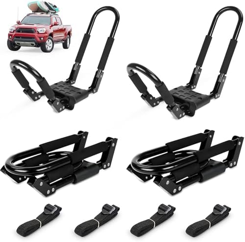 Folding Kayak Roof Rack 2 Pairs, 4pcs J-Bar Car Roof Racks for Kayak, Canoe, Paddle Boards, Skiboard, Surfboard, Foldable Kayak Roof Carrier for Car, SUV, Truck, Black (Folding Kayak Rack)