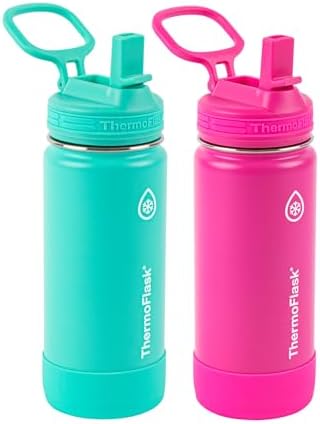 ThermoFlask Kids Bottle with Straw Lid - Durable & Dishwasher-Safe Water Bottles & Lids - Leak-Proof Bottle Lid Design - Reusable Water Bottles for Everyday Use - 16 oz, Aquamarine/Storm Pink (2 Pack)