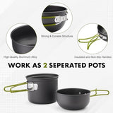 Camping Cookware Kit Backpacking, 0.33Gal Pots and 0.17Gal Pans Set,0.08Gal SUS304 Cup, Forks Knives Spoons for Hiking,Camping,Outdoor Cooking,Picnic,Solo Camping cookware