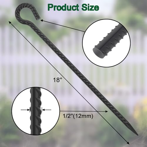 18 Inch Rebar Stakes with Loop 12 Pack Tent Stakes Heavy Duty 1/2 Inch Diameter Metal Tree Stakes and Supports, Rope Stakes for Walkway Fence Trampoline Outdoor Camping, Black