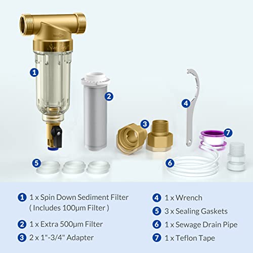 SimPure 100/500 Micron Spin Down Sediment Filter, Reusable Whole House Sediment Water Filter, Pre-Filtration System for City/Well Water, 1" MNPT + 3/4" FNPT + 3/4" MNPT, BPA Free