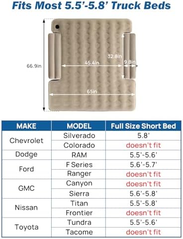 JOYTUTUS Truck Bed Mattress for 5.5-5.8Ft, Full Size Inflatable Mattress Pickup Short Beds for Outdoor Camping, with Carry Bag & Cup Holder & Cavity Design, Camel&Black