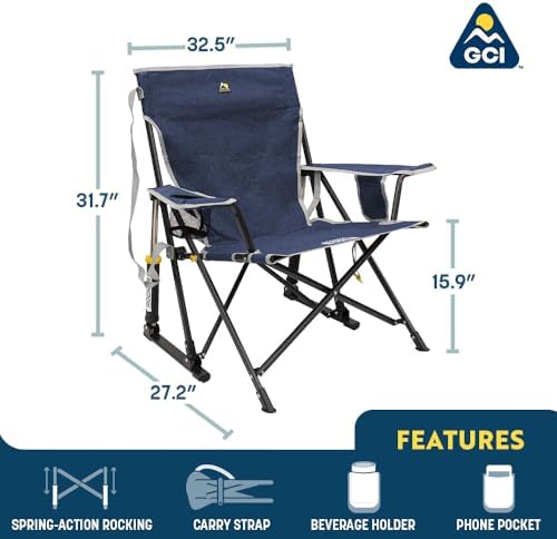 GCI OUTDOOR Kickback Rocker Camping Chair | Portable Folding Rocking Chair with Durable Armrests, Drink Holder & Relaxed Lowered Seat for Comfort — Heathered Royal