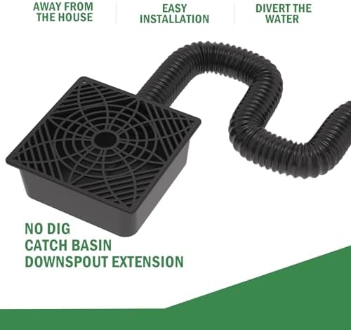 Gutter Downspout Extensions,Catch Basin Low Profile Downspout Extender | No Deep Dig Catch Basin, Flexible Pipe Extension to 5.1ft, Protect House Foundation