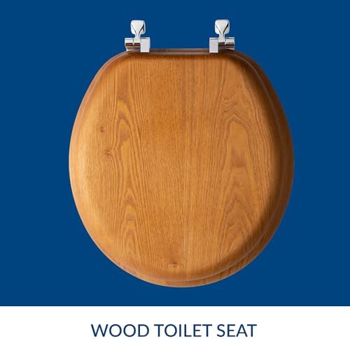 Mayfair Natural Oak Veneer Toilet Seat with Chrome Hinges, Round, Wood