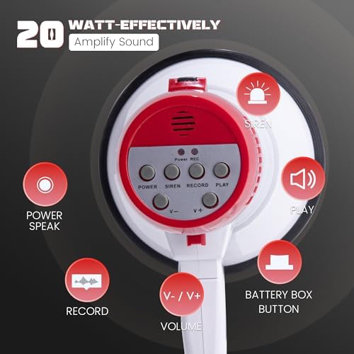 MyMealivos Portable Megaphone Bullhorn 20 Watt Power Megaphone Speaker Voice and Siren/Alarm Modes with Volume Control and Strap (White&Red)