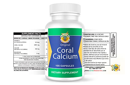 Calcio de Coral Set de 2 frascos con 100 capsulas CADA uno. Reforzado con Vitamina D y Magnesio.Combate: Cansancio, Dolor de huesos, insomnio, Calambres, Artritis. 100% Natural.