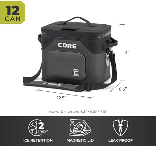 CORE Magnetic Leak Proof Soft Cooler with Waterproof Zipper | Insulated Bag Portable Ice Chest Box | Best Soft Cooler for Food & Beverages for Tailgating, Car Camping, Travel, and Family Beach Picnics