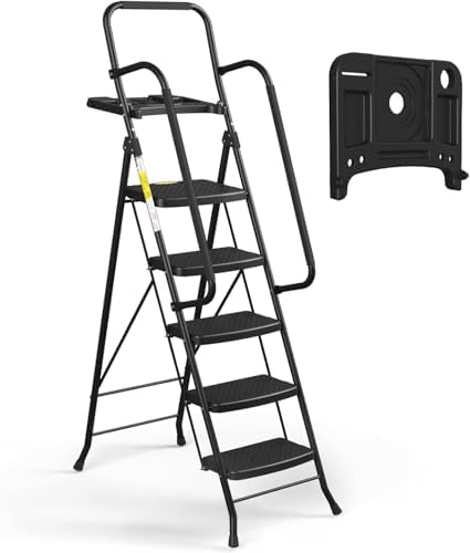 HBTower Step Ladder, Folding Step Stool with Wide Anti-Slip Pedal, Sturdy Steel Ladder, Convenient Handrail, Lightweight, Portable Steel Step Stool