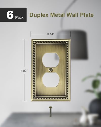 6-Pack Duplex Outlet Cover Plate, Antique Brass Metal Wall Plates for Electrical Outlets, 1 Gang Receptacle Cover, Pearls Decorative Switch Plates and Outlet Covers