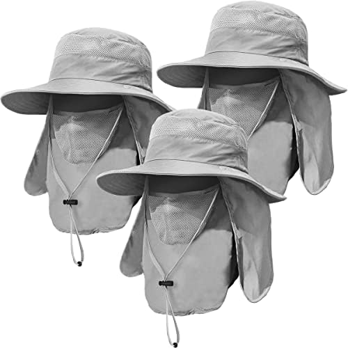 3 Pack Mens Outdoor Wide Brim Fishing Hat,UPF 50+ Sun Protection Cap with Face Neck Flap for Hiking & Garden