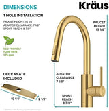 KRAUS Oletto Single Handle Pull Down Kitchen Faucet with QuickDock Top Mount Installation Assembly in Spot-Free Brushed Brass, KPF-2620BB