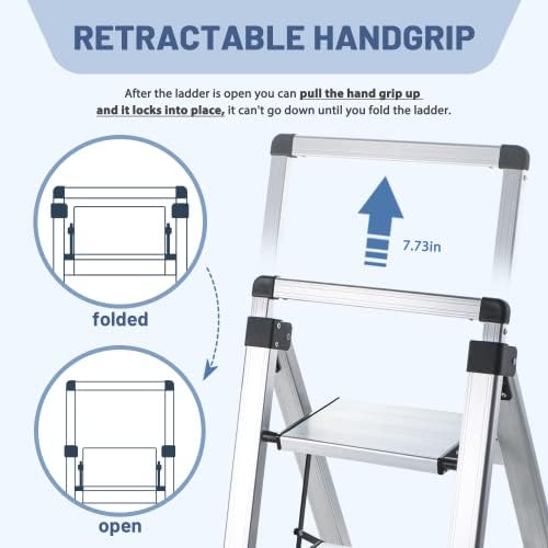 XinSunho 3 Step Ladder, Retractable Handgrip Folding Step Stool Ladders with Anti-Slip Wide Pedal, Aluminum 3 Steps, 330lbs Safety Household Ladder