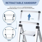 XinSunho 3 Step Ladder, Retractable Handgrip Folding Step Stool Ladders with Anti-Slip Wide Pedal, Aluminum 3 Steps, 330lbs Safety Household Ladder