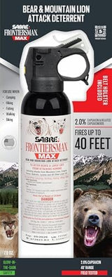 SABRE Frontiersman MAX Bear Spray – 40 ft Range, Maximum Strength, The Only EPA-Registered Spray for Bears & Mountain Lions, 7.9 oz, Glow Safety Clip, Outdoor Hiking & Camping Protection