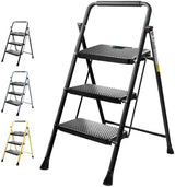 TICONN 3 Step Ladder, Heavy Duty Foldable Step Stool, Portable Steel Folding Stool for Household Garage Storage (Black)