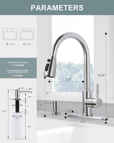 WOWOW Kitchen Faucet with Soap Dispenser: 304 Stainless Steel Kitchen Sink Faucet with Pull Down Sprayer 3 Modes, Single Handle High Arc Mixer Taps for Sink, RV, Laundry, Bar (Brushed Nickel)