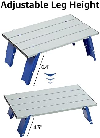 PORTAL Folding Mini Small Beach Table, Portable Aluminum Beach Table with Retractable Legs and Carry Bag for Outdoor Picnic/Cooking/Camp/Travel/Beach,15" L x 8" W x 6" H, Silver/Blue