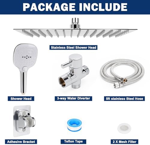 NearMoon Shower Head with Hose, High Pressure Stainless Steel Rain Shower and 3 Settings Handheld Spray Combo with Push Button Flow Control (12 Inch Showerhead Set, Chrome Finish)