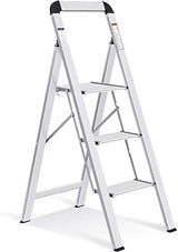 KINGRACK Aluminium 3 Step Ladder, Lightweight Step Stool with Non-Slip Pedals, Handrail, 330 LBS Foldable Step Ladder for Kitchen, Garage, Home, Space Saving, Sturdy and Portable, Silver