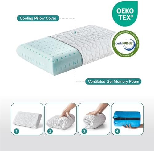 Small Cooling Gel Memory Foam Camping Pillow Travel - Contoured Support -Compressible Pillow Ideal for Backpacking, Camping, Travel, Car, Airplane,Office Nap
