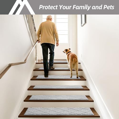 COSY HOMEER Edging Stair Treads Non-Slip Carpet Mat 28inX9in Indoor Stair Runners for Wooden Steps, Edging Stair Rugs for Kids and Dogs, 100% Polyester TPE Backing (10pc, Grey)