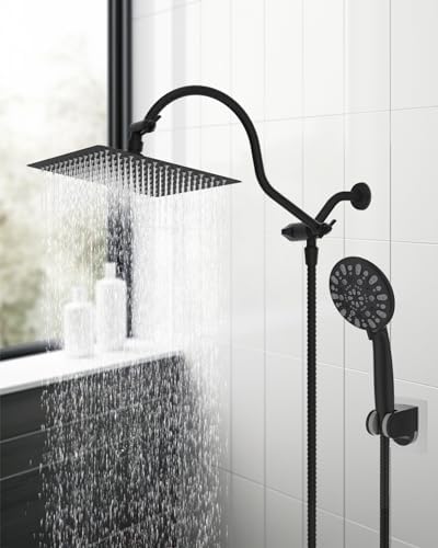 Hibbent 12'' All Metal Shower Head, High Pressure Rainfall Shower Head/Handheld Showerhead Combo/ 12'' Adjustable Curved Shower Extension Arm, 7-Spray, 71'' Hose, Showerhead Holder, Matte Black