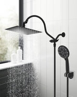 Hibbent 12'' All Metal Shower Head, High Pressure Rainfall Shower Head/Handheld Showerhead Combo/ 12'' Adjustable Curved Shower Extension Arm, 7-Spray, 71'' Hose, Showerhead Holder, Matte Black