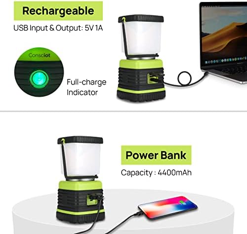 LED Camping Lantern Rechargeable, Consciot Camping Lights, 1000LM, 4 Light Modes, 4400mAh Power Bank, IPX4 Waterproof Tent Lights, Dimmable Flashlight for Emergency, Power Outages, USB Cable Included