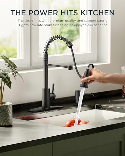FORIOUS Black Kitchen Faucet with Soap Dispenser, Single Handle Stainless Steel Spring Sink Faucet with Pull Down Sprayer Transitional for Farmhouse Camper Laundry Camper