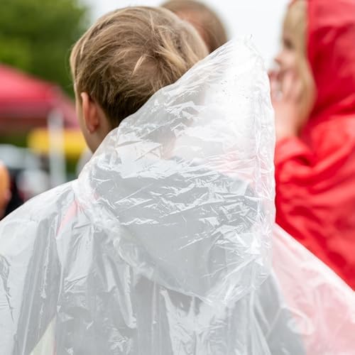 BLUE PANDA 20-Pack Disposable Rain Ponchos with Hood for Kids, Lightweight Emergency Plastic Poncho for Boys & Girls, Ideal for Outdoor Events, Travel, Camping, Hiking, and Festivals, White