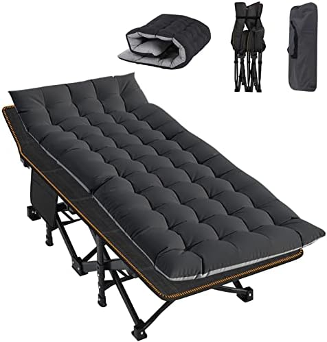 ABORON Folding Camping Cot W/Mat for Adults, Heavy Duty Outdoor Bed with Carry Bag,1200 D Layer Oxford Travel Camp Cots (Black Cot with Black Cotton Pad)
