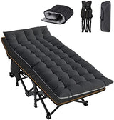 ABORON Folding Camping Cot W/Mat for Adults, Heavy Duty Outdoor Bed with Carry Bag,1200 D Layer Oxford Travel Camp Cots (Black Cot with Black Cotton Pad)