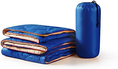 UNIKOME Outdoor Packable Travel Blanket, Lightweight Waterproof Puffy Down Alternative Camping Blanket With Corner Loops, 75'x52', Blue