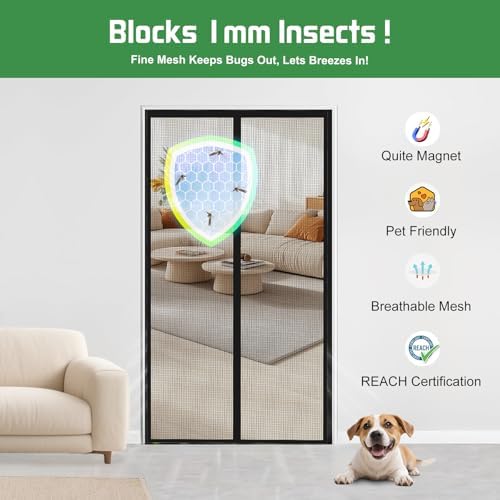 Magnetic Screen Door Mesh Keeps Bugs Out: Door Screen Magnetic Closure 36" x 83" Fits Door Size 34" x 82" - Magnetic Door Curtain Heavy Duty Fiber Fabric Washable - Hands Free Entry