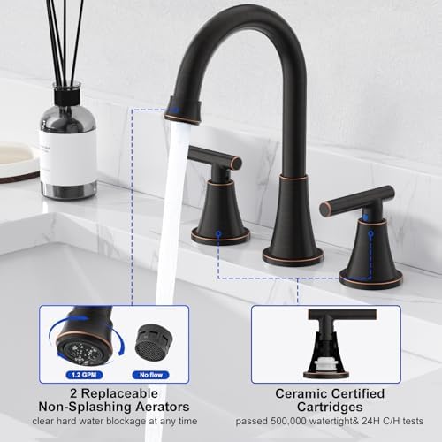 Bathroom Faucets for Sink 3 Hole, Hurran Oil Rubbed Bronze Bathroom Sink Faucet with Pop-up Drain and Supply Lines, Stainless Steel Lead-Free Widespread Faucet for Vanity RV Farmhouse