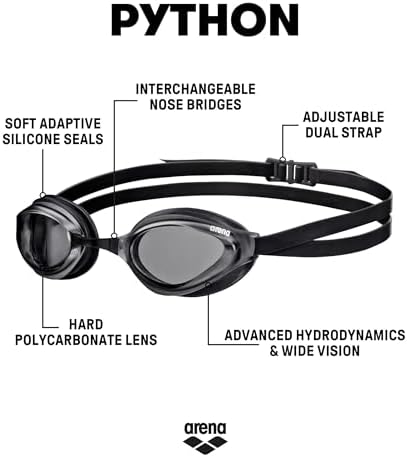 ARENA Unisex Python Racing Swim Goggles for Men and Women Anti-Fog No Leak Max Comfort Dual Strap, Mirror/Non-Mirror Lens