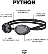 ARENA Unisex Python Racing Swim Goggles for Men and Women Anti-Fog No Leak Max Comfort Dual Strap, Mirror/Non-Mirror Lens