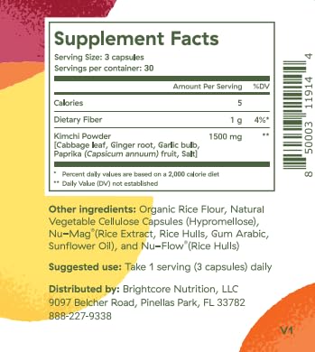 Brightcore Nutrition - Kimchi One, Kimchi Powder Capsules, Probiotics, Enzymes, & Antioxidant Supplement, Premium Gut Health Superfood for Overall Well Being, Gluten-Free, 90 Vegan Capsules