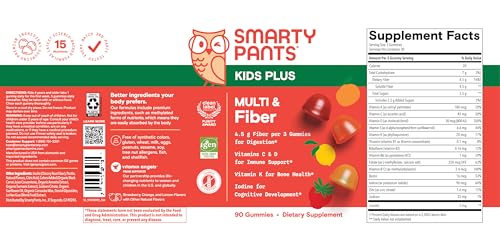 SmartyPants Kids Multivitamin & Fiber Gummies: Prebiotic Fiber to Support Kids Digestion with Vitamin D3, C, Vitamin B12, B6, A, Zinc, Biotin, Folate, Three Fruit Flavors, 90 Count (30 Day Supply)