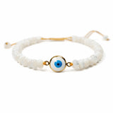 Mana Gallery Handmade Evil Eye Bracelet – White Mother of Pearl Beads with Gold-Plated Blue Eye Charm – Adjustable Macramé Cord – Protective Jewelry Gift for Women (Evil Eye Bracelet)