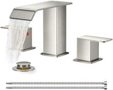 FORIOUS Widespread Bathroom Sink Faucet 3 Hole Brushed Nickel, 2 Handles Waterfall Bathroom Faucet with Metal Pop-up Drain and 24" Hot and Cold Water Hoses, Suitable for Vanity RV Restroom