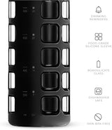 purifyou 40/32/22/12 oz Borosilicate Glass Water Bottles with Volume Markers, Silicone Sleeve, Stainless Steel Lid, Reusable Bottle for Water, Juice, Gym, and Fridge Storage (40oz Jet Black)