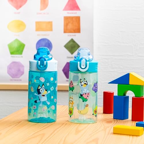 Zak Designs Bluey Sage Kids Water Bottle For School or Travel, 16oz Durable Plastic Water Bottle With Straw, Handle, and Leak-Proof, Pop-Up Spout Cover, 2-Pack Set (Bluey & Bingo)