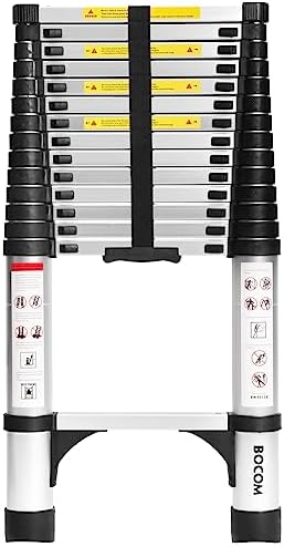BOCOM 14.5 FT Aluminum Telescoping Ladder, Lightweight Multi-Purpose Collapsible Extension with 2 Triangle Stabilizers, Heavy Duty 330 lbs Max Capacity, Ideal for Home, RV, and Outdoor Work Silver